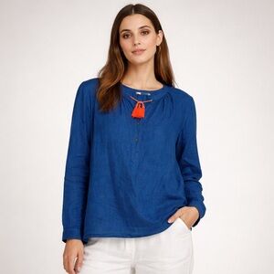 0039 Italy Blue Linen Poet Popover Blouse Size Medium